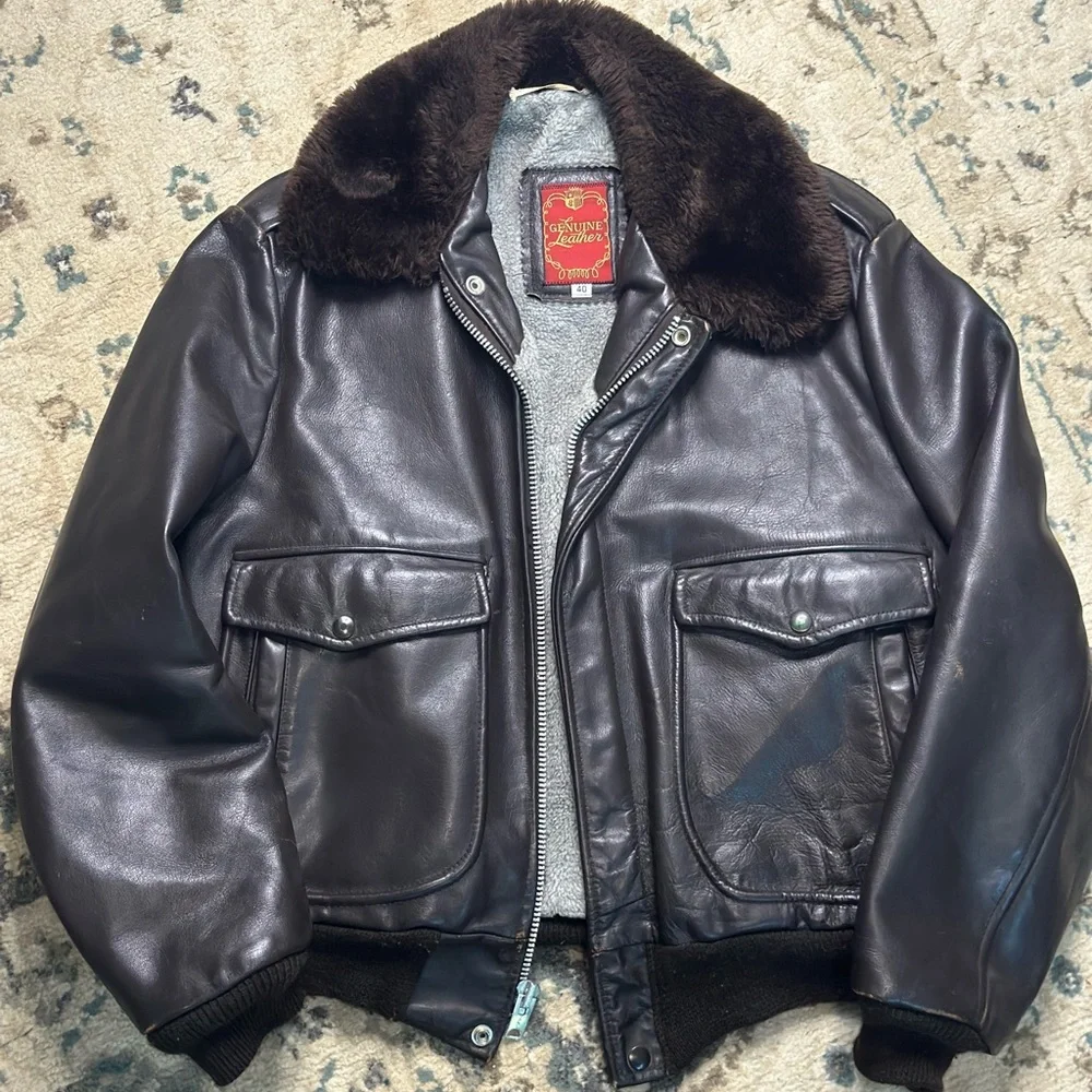 Brown and Black Bomber Jacket with Shearling Collar